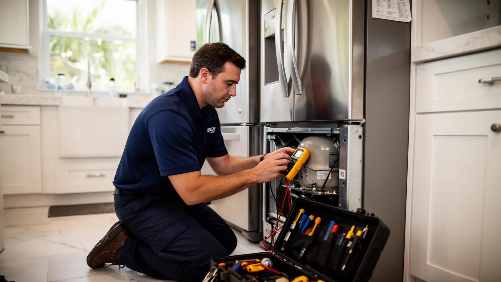 Factory-trained technician repairing a refrigerator in a Tampa Bay home